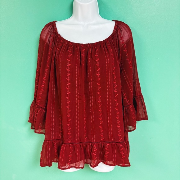 Fever Red Sheer Quarter Ruffle Sleeve Boho Blouse Womens Size 1X - Picture 2 of 9
